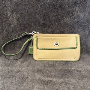 Coach Tan and Green Leather Clutch Wristlet